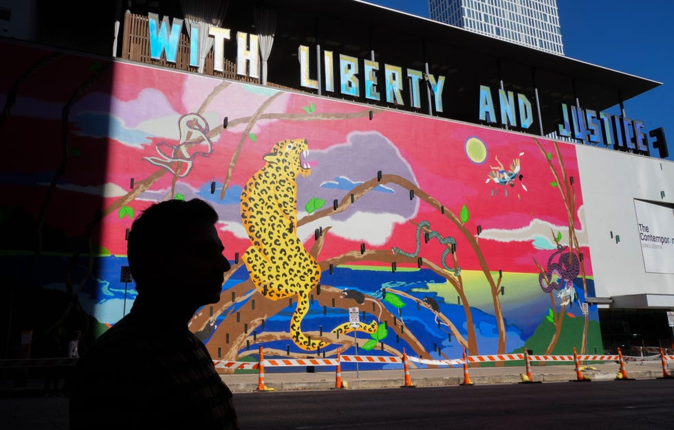 Artist Manik Raj Nakra is silhouetted in front of his new mural on the side of The Contemporary Austin at the Jones Center. The high-profile wall has become a prime spot for art in downtown Austin.