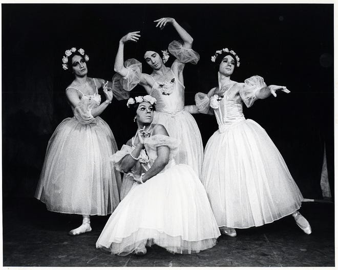 Les Ballets Trockadero de Monte Carlo was founded 50 years ago. The all-male dance troupe parodies the male and female roles of traditional ballet and plays at Bass Concert Hall on Jan. 19. Pictured from the troupe's earliest days: Peter Anastos, Anthony Bassae, Natch Taylor and William Zamora.