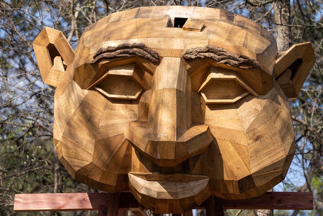 Thomas Dambo's troll begins to take shape as it's constructed at Pease Park on Friday, March 1, 2024. The troll is a public art sculpture made from recycled and reused materials. A celebration for the troll's completion and introduction to the park will be held on March 15.