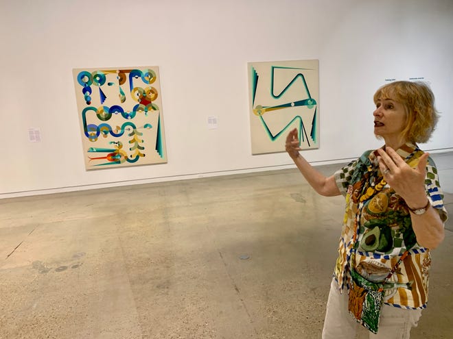 Annette Carlozzi responds to a large canvas by Eamon Ore-Giron at The Contemporary Austin-Jones Center downtown.